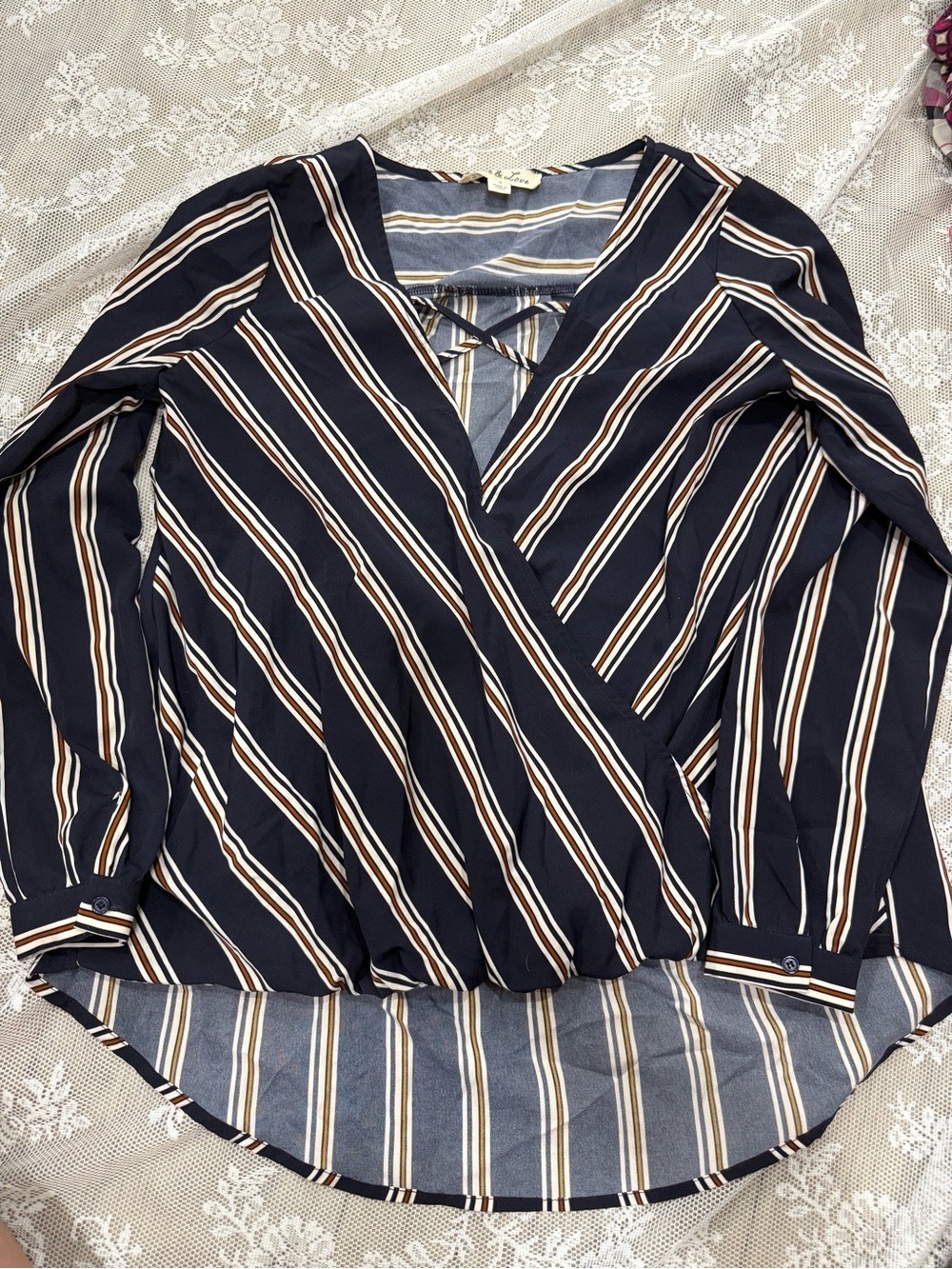 Vine & Love Navy Striped Wrap Blouse